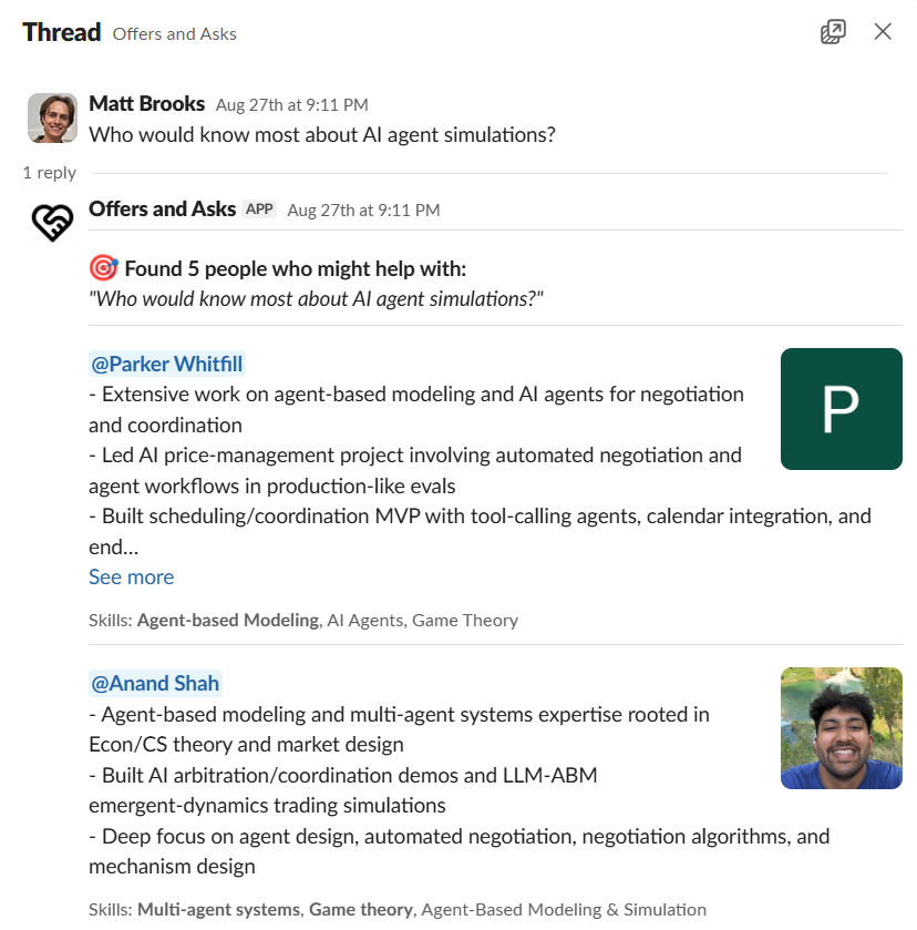 Offers & Asks Slack Bot Screenshot