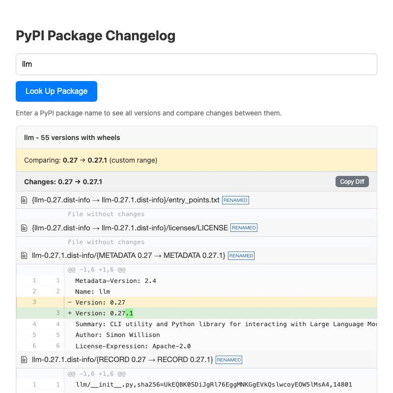 Screenshot of PyPI package changelog tool showing the differences between llm 0.27 and 0.27.1 with a copy diff button