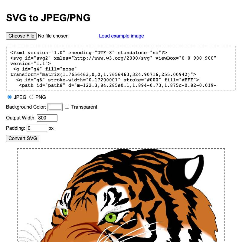 Screenshot of SVG to JPEG/PNG tool showing the classic SVG tiger with options to convert to JPG or PNG with a custom background color and output width